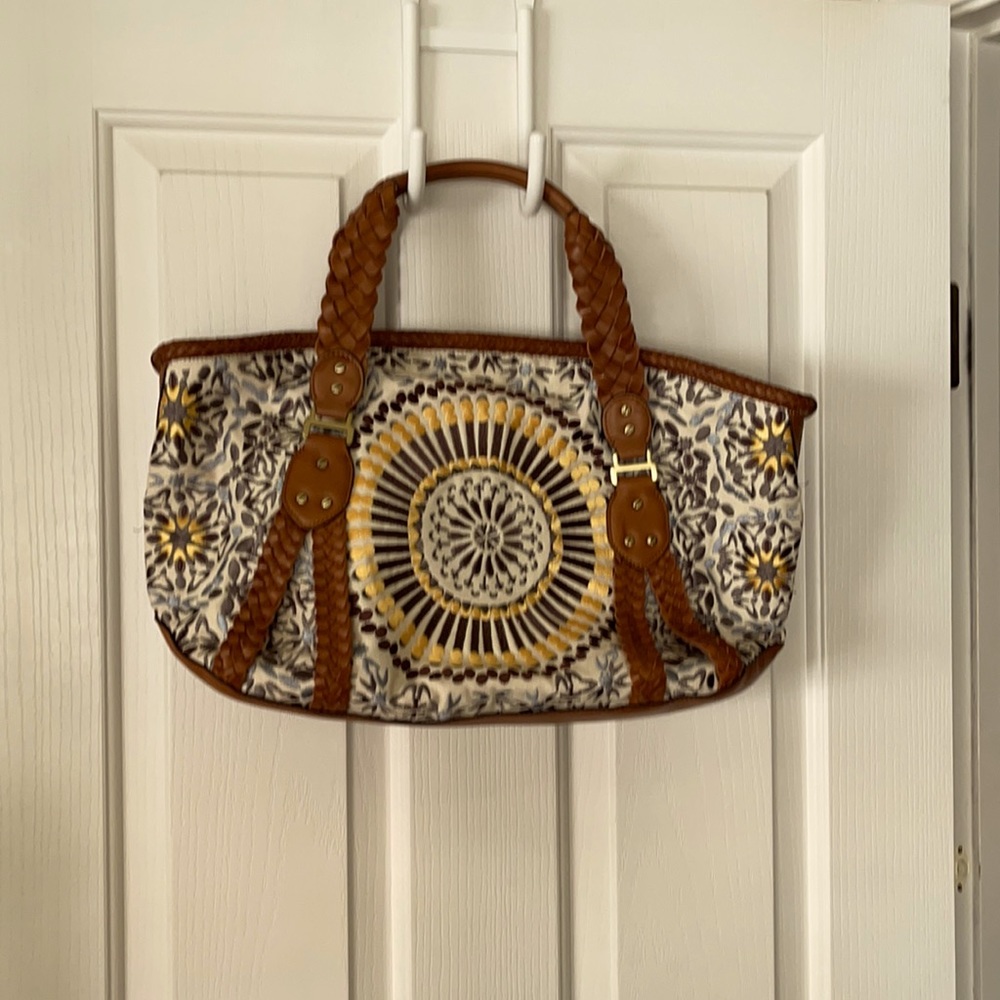 Cole Haan embroidered satchel with leather trim